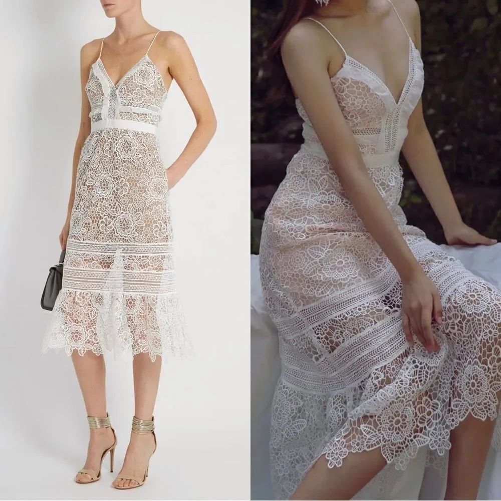 Self Portrait Guipure Midi White Dress Lace Floral Blush Size 0